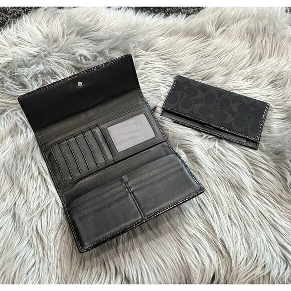 VTG COACH Black Signature 12CM Jacquard Patent Leather Trifold Clutch Wallet Set - Picture 5 of 9
